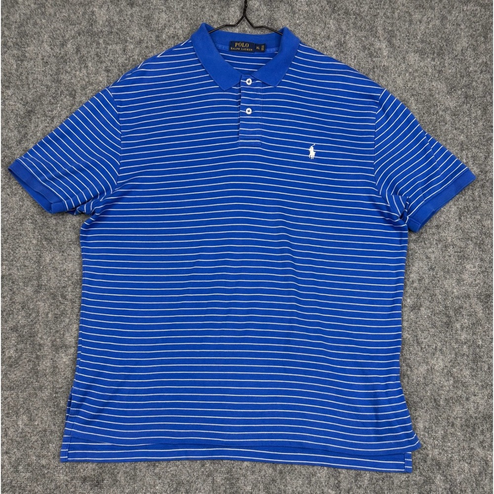 Polo Ralph Lauren Mens XL Blue White Striped Short Sleeve Pony Logo Polo Shirt